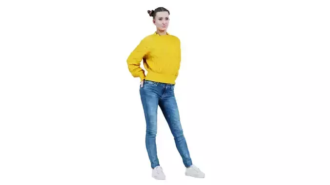 Woman in Yellow Cardigan Sneakers and Jeans Posing 1