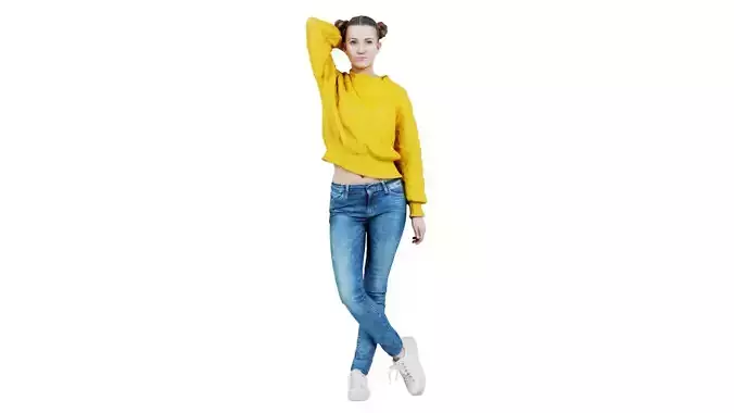 Woman in Yellow Cardigan Sneakers and Jeans Posing 2