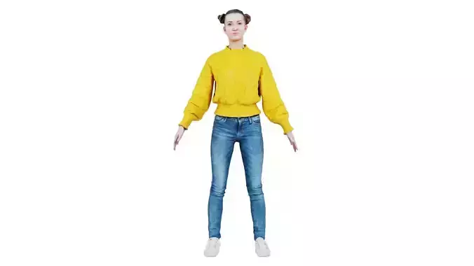 Woman in Yellow Cardigan Sneakers and Jeans Posing Standard Pose
