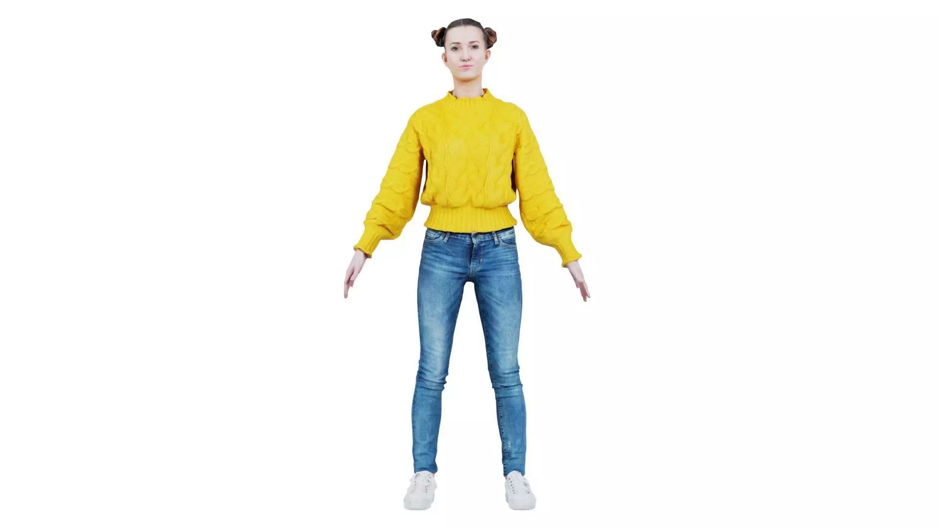 Woman in Yellow Cardigan Sneakers and Jeans Posing Standard Pose Low-poly 3D model