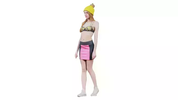 Woman in Yellow Hat Purple Gloves Pink Skirt and Bikini Top Posing