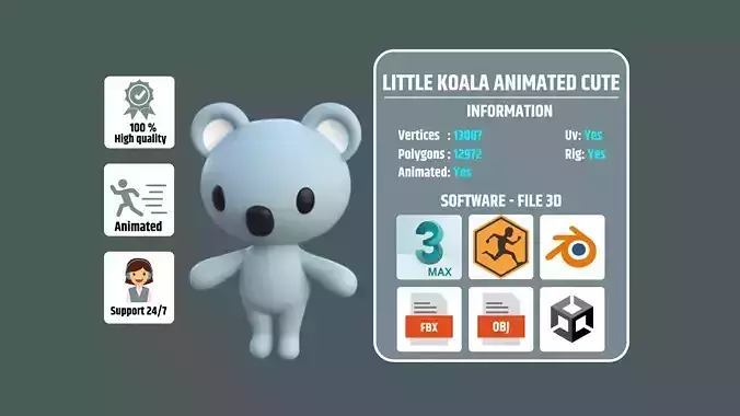 Little Koala Animated Cute 3D Models For Games And Animations Low-poly 3D model