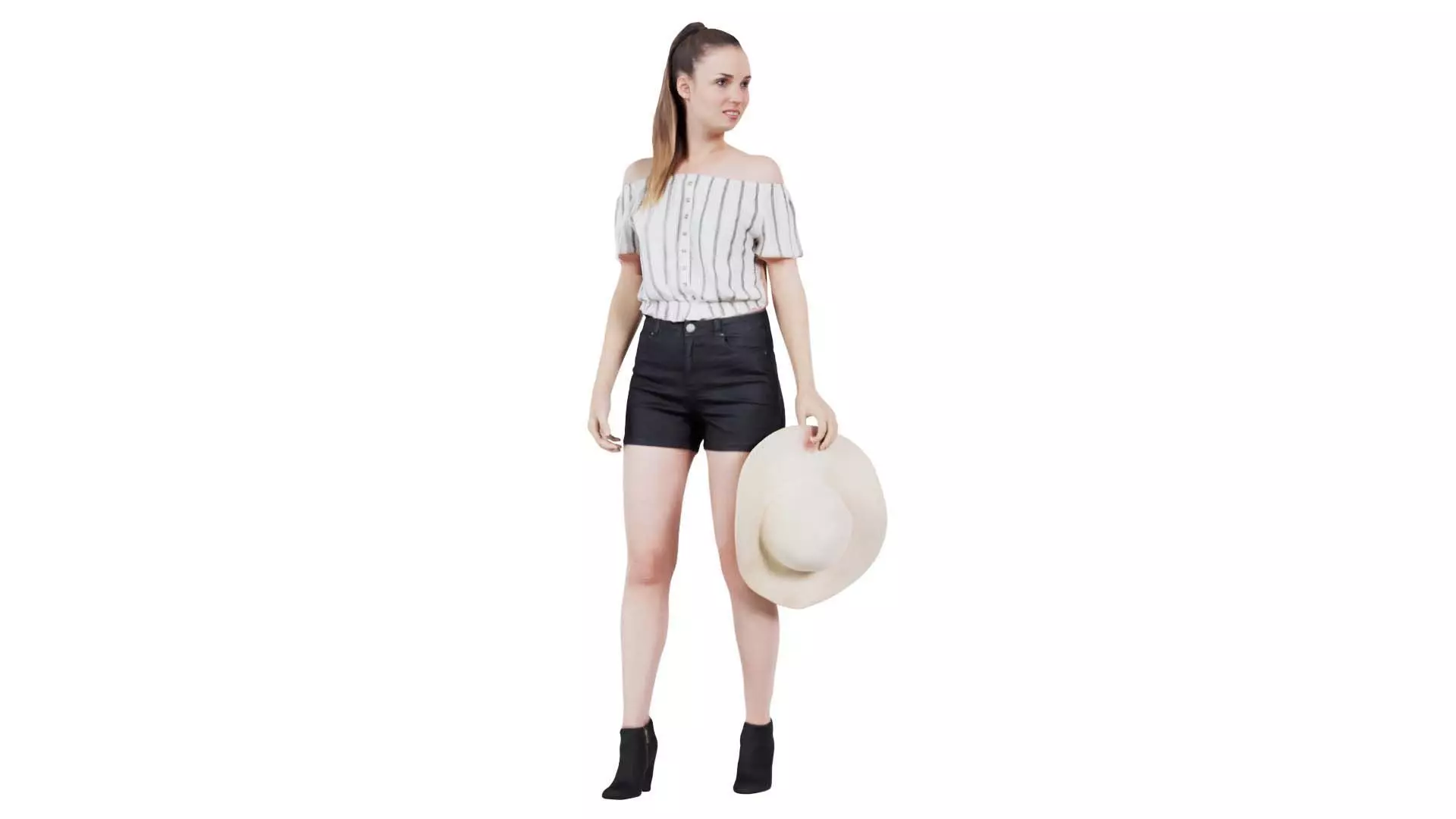 Woman Wearing Blouse Short Holding Hat Low-poly 3D model