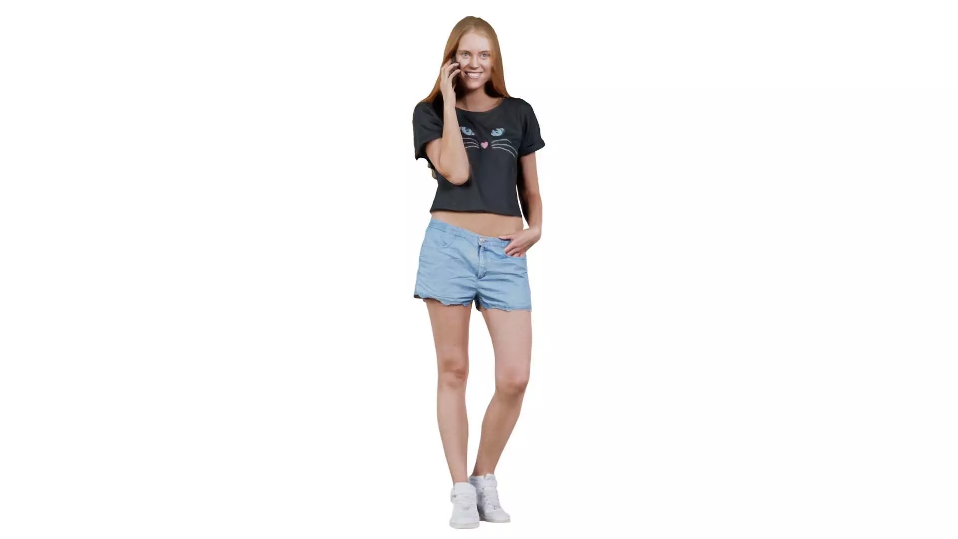 Woman Wearing Cat Shirt and Jeans Shorts Low-poly 3D model