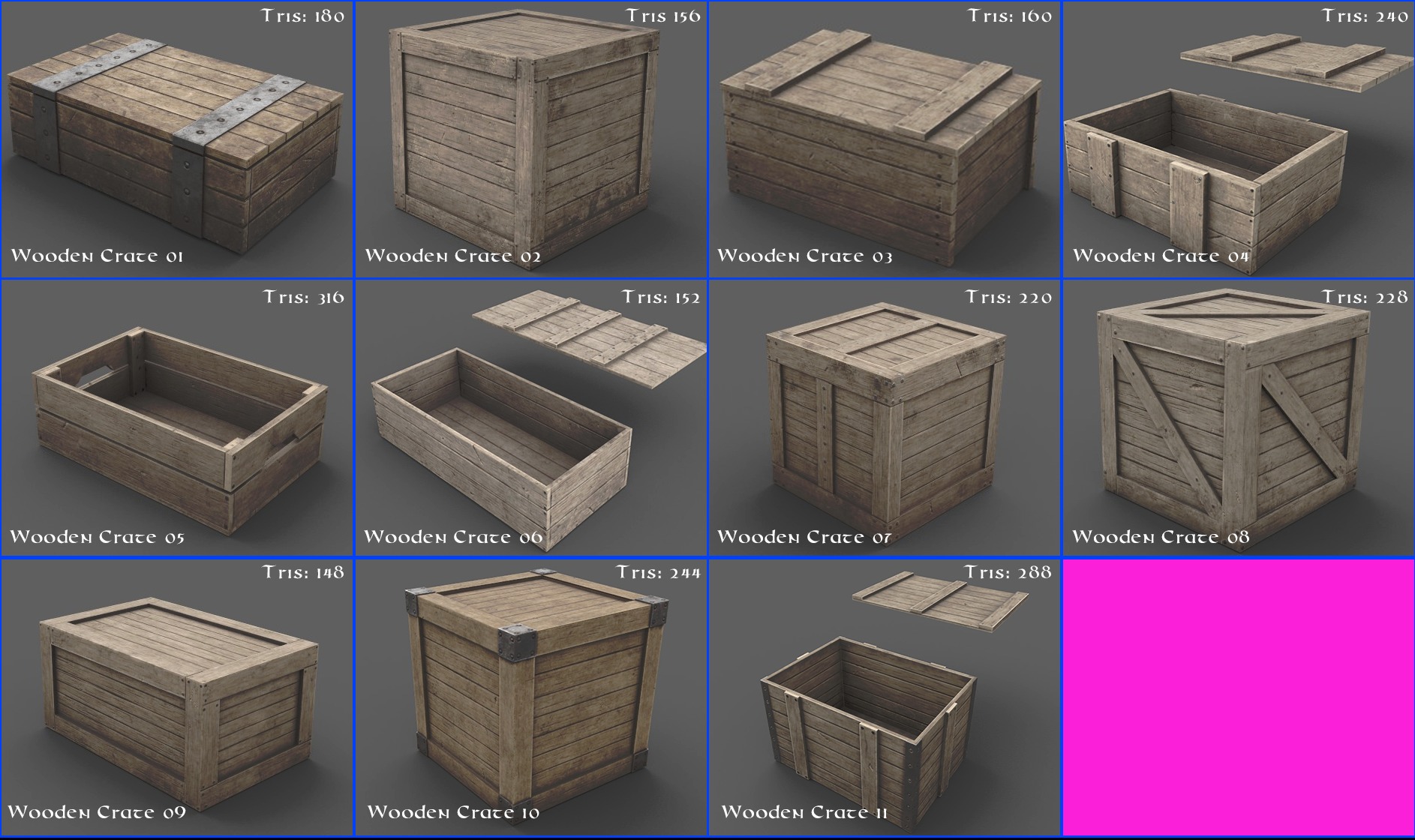 Pack of 11 low poly medieval wooden crates Low-poly 3D model_3