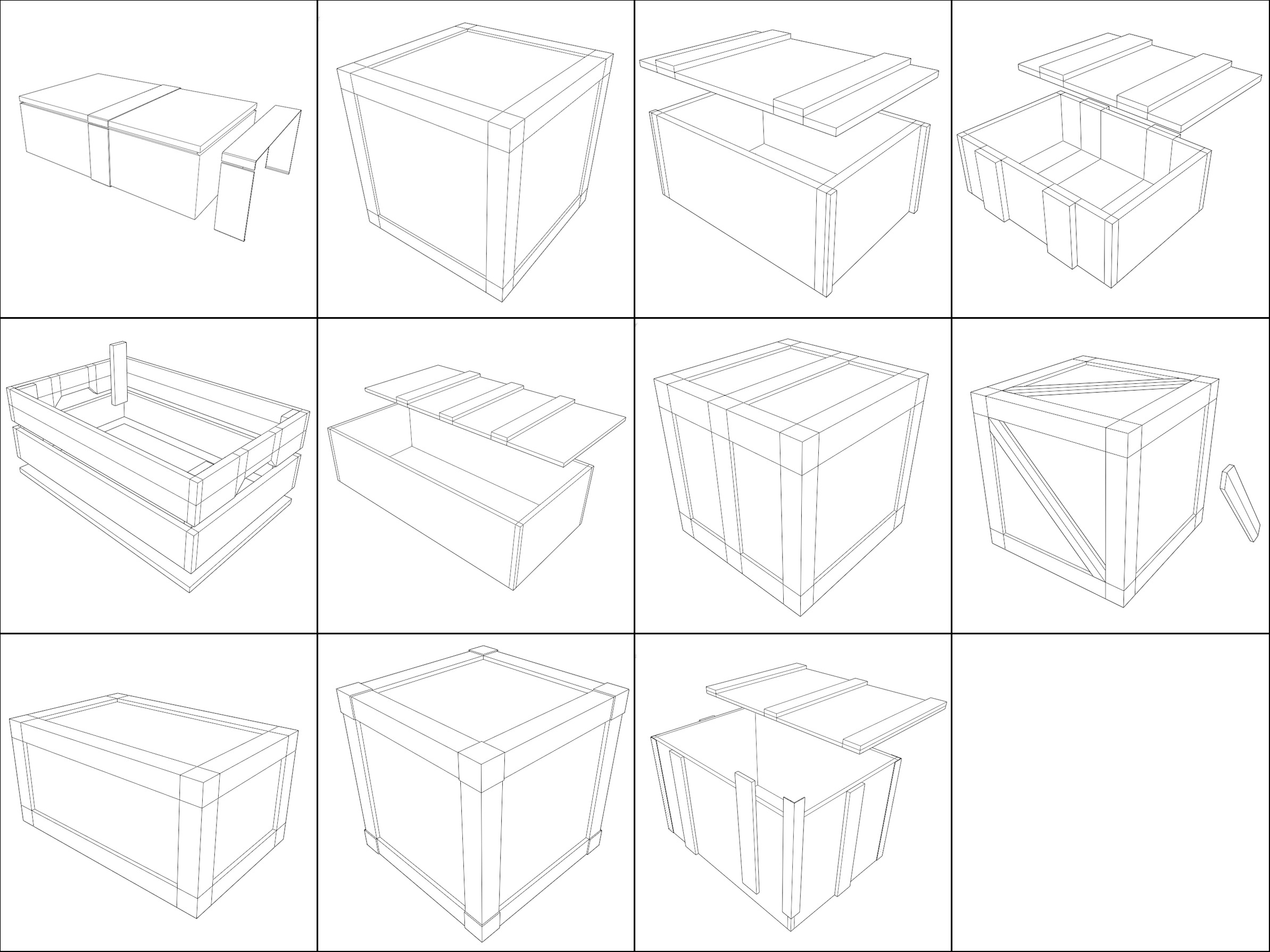 Pack of 11 low poly medieval wooden crates Low-poly 3D model_4