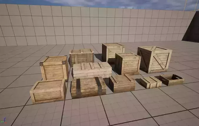Pack of 11 low poly medieval wooden crates 