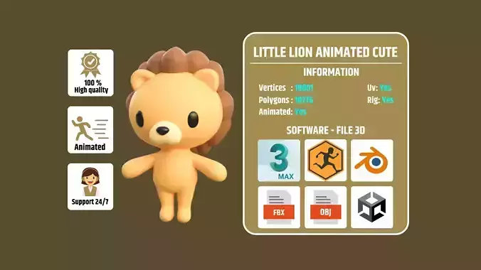 Little Lion Animated Cute 3D Models For Games And Animations