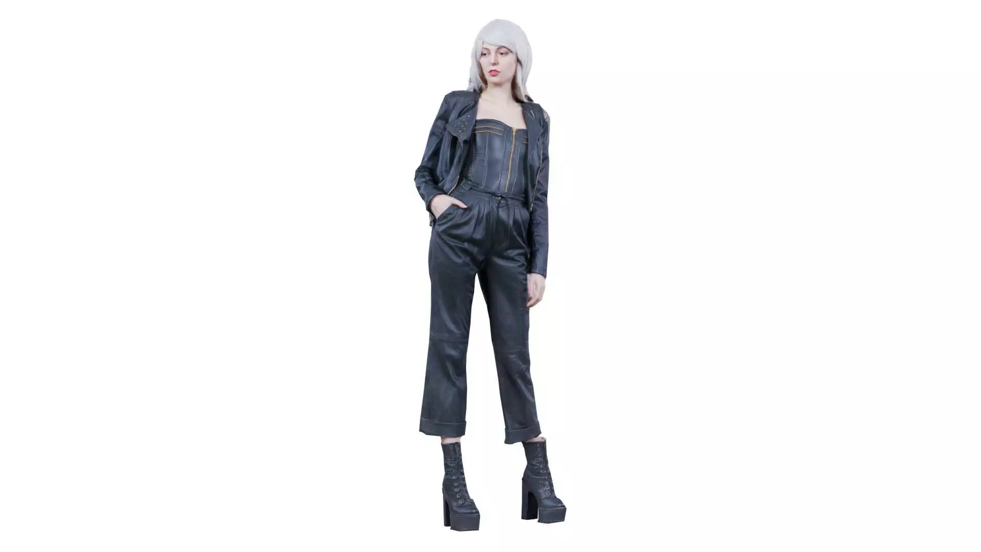 Woman with White Curly Hair in Leather Outfit Low-poly 3D model