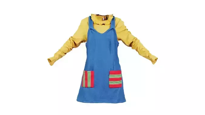 Cute Blue Felt Dress Yellow Shirt