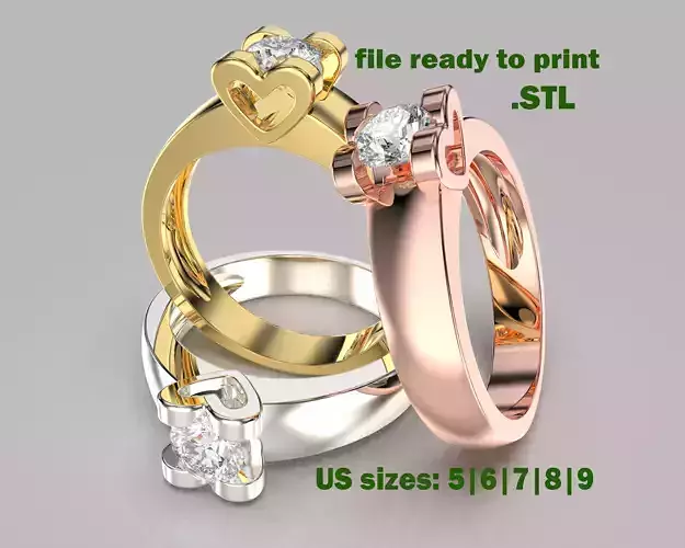  Engagement SOL Heart ring - Stone- 04 ct- 5mm - printable STL