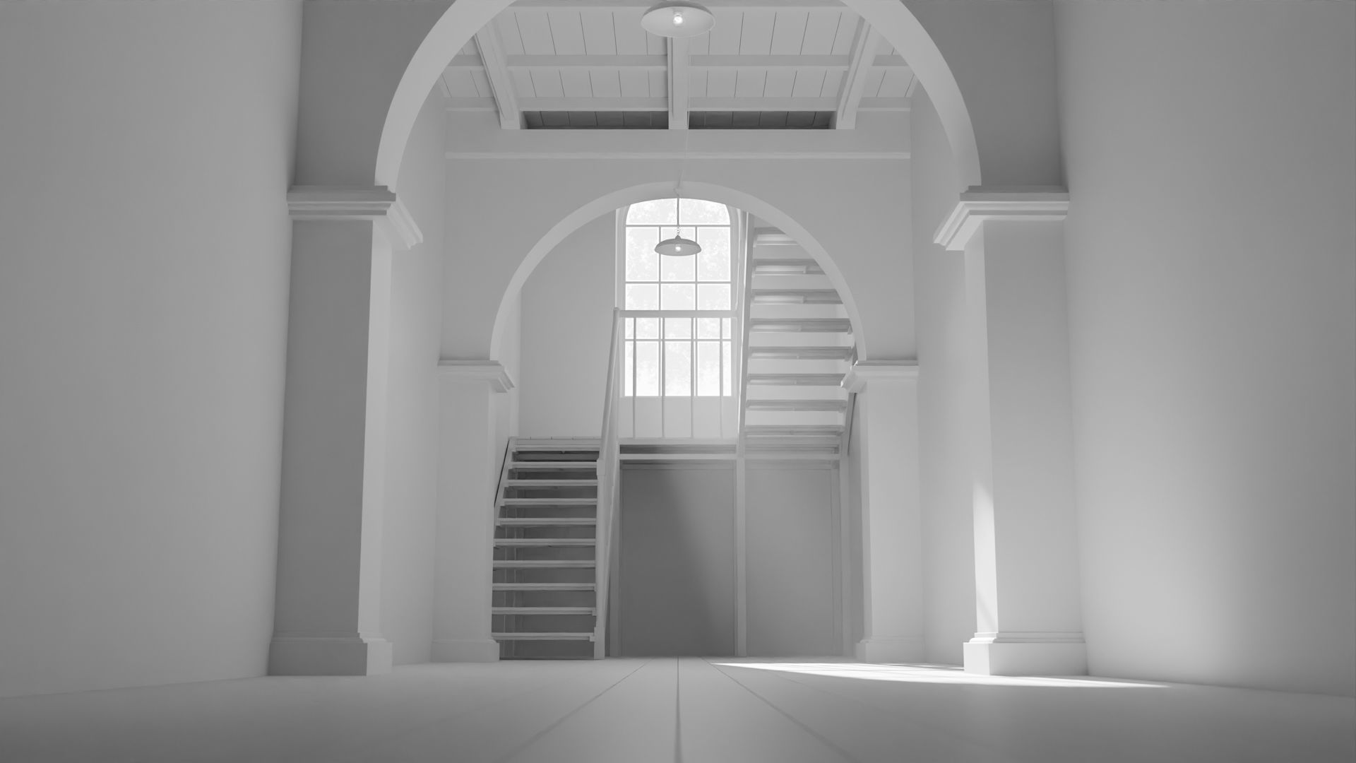 Old large room with a window and staircase Low-poly 3D model_2