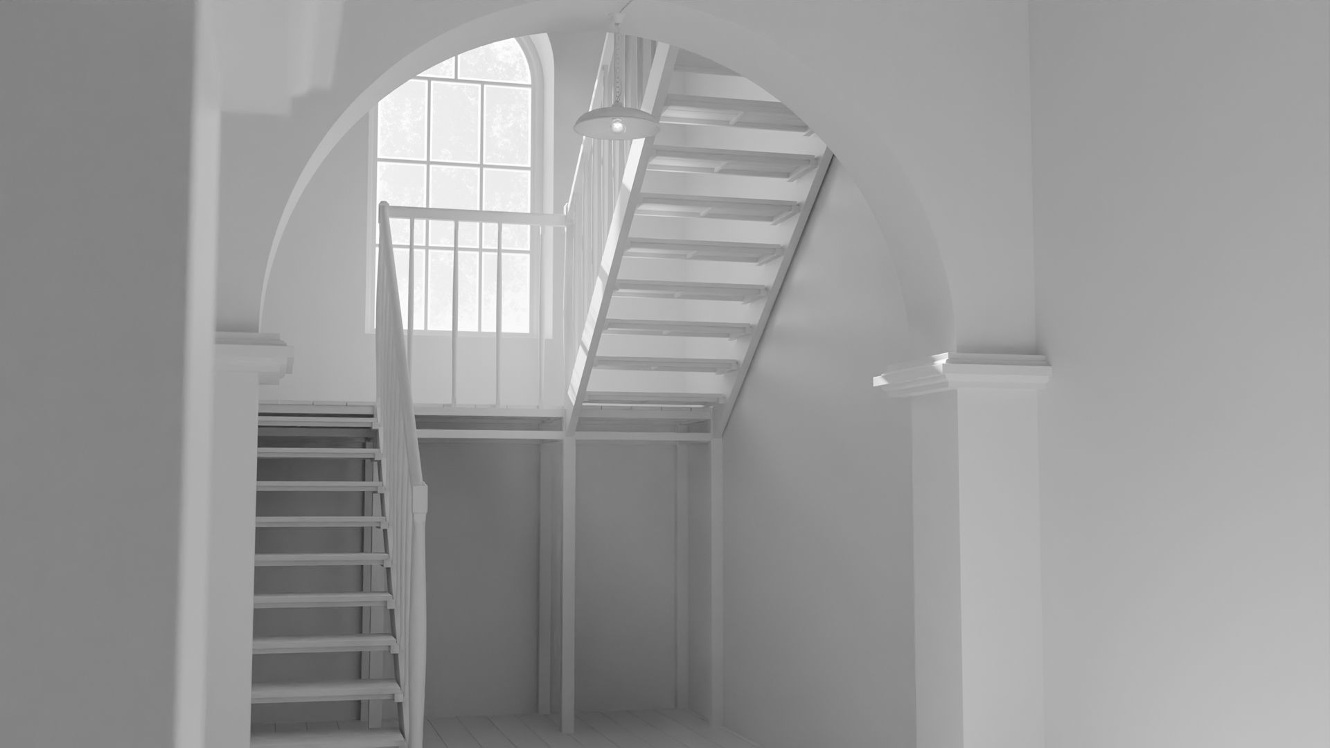 Old large room with a window and staircase Low-poly 3D model_8