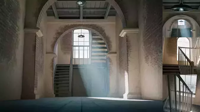 Old large room with a window and staircase