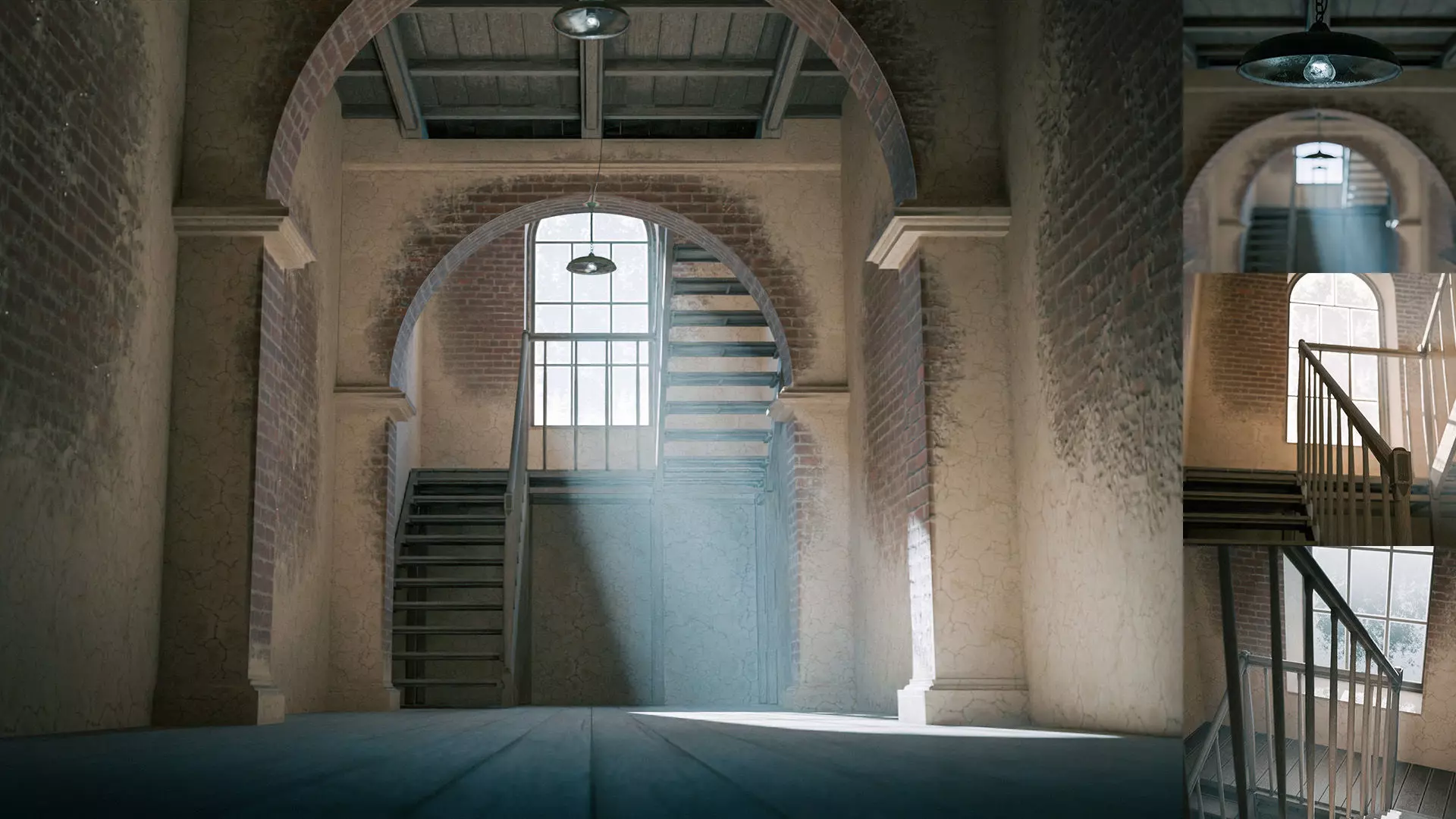 Old large room with a window and staircase Low-poly 3D model_0