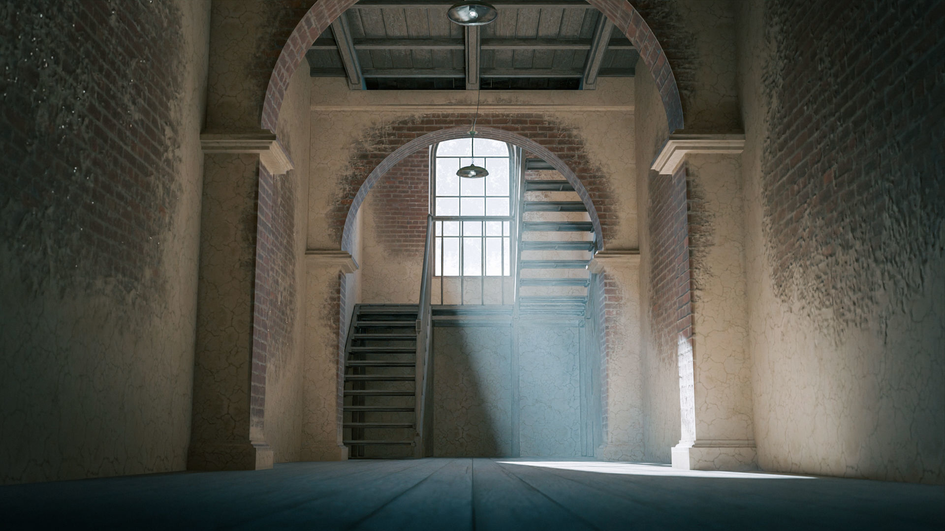 Old large room with a window and staircase Low-poly 3D model_1