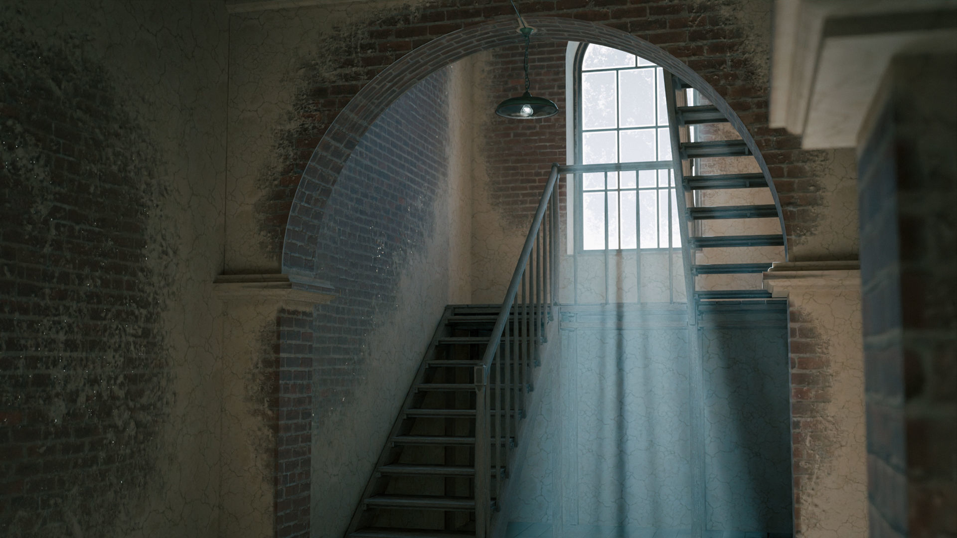 Old large room with a window and staircase Low-poly 3D model_9