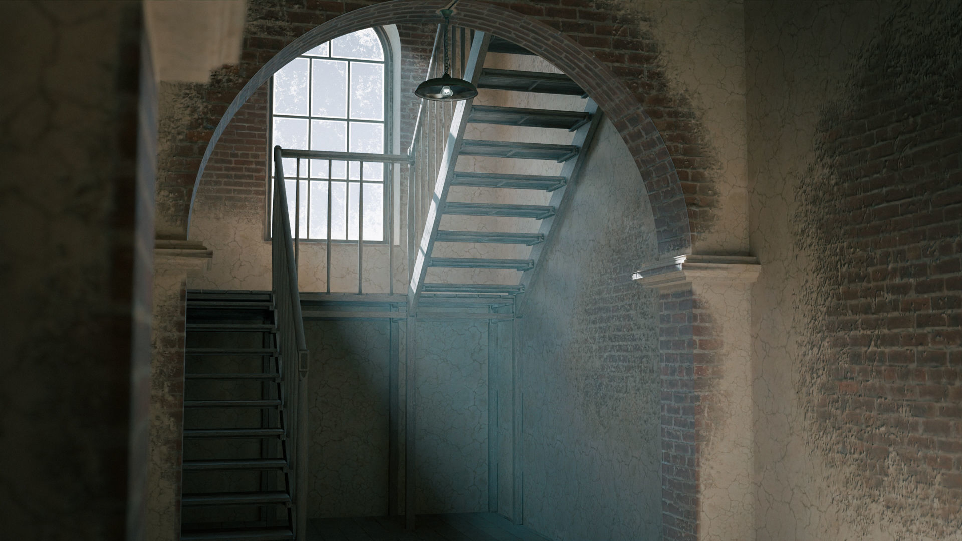 Old large room with a window and staircase Low-poly 3D model_7