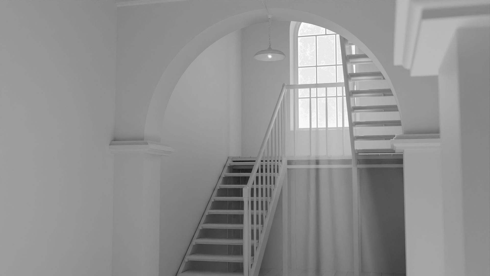 Old large room with a window and staircase Low-poly 3D model_10