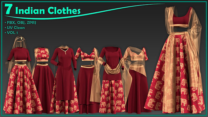 7 female Indian clothes Low-poly 3D model