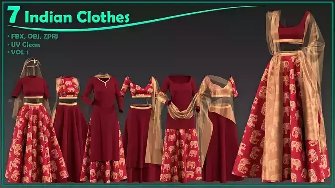 7 female Indian clothes Low-poly 3D model