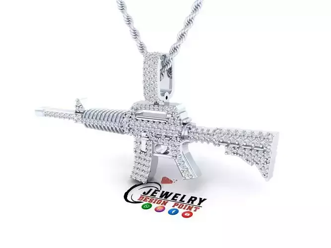 Custom M16 Gun Diamond Pendant - Weapon Diamond Necklace