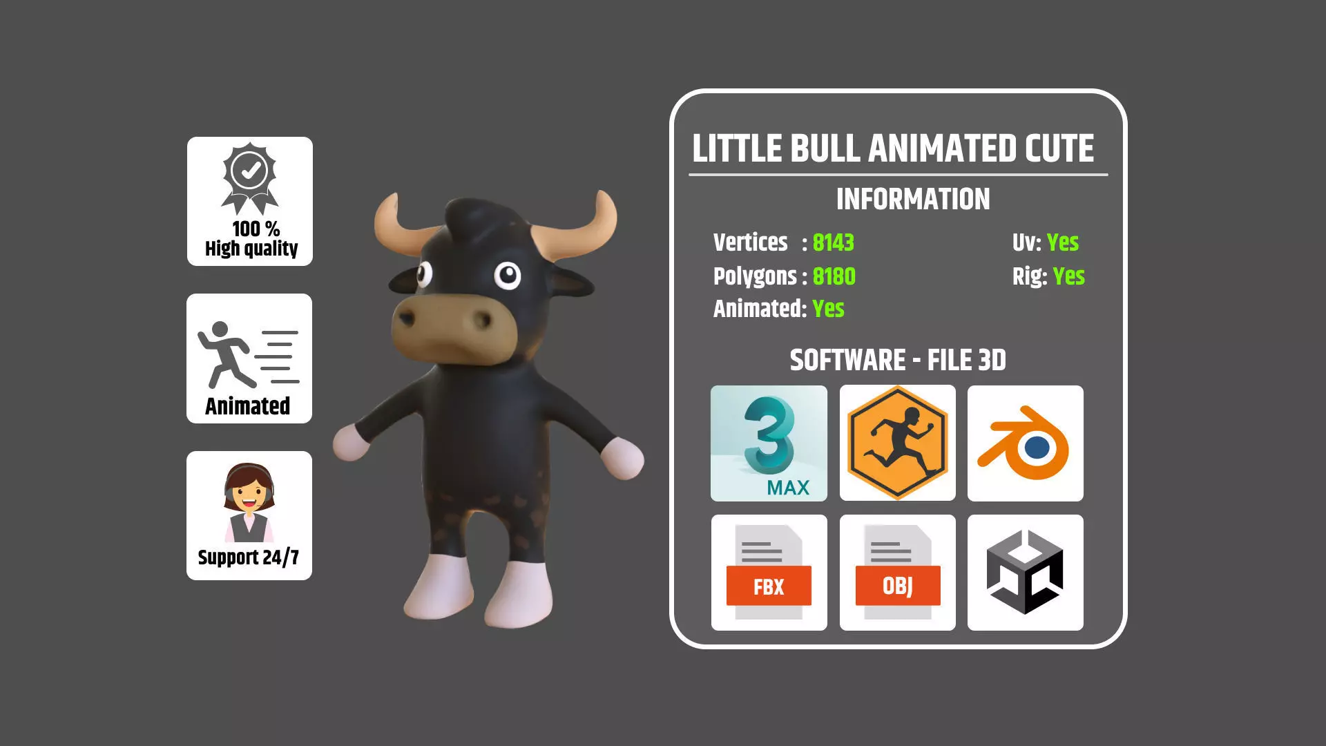 High-Quality 3D Cute Bull Animated For Games Low-poly 3D model_0