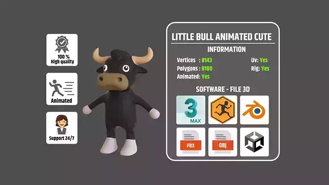 High-Quality 3D Cute Bull Animated For Games Low-poly 3D model