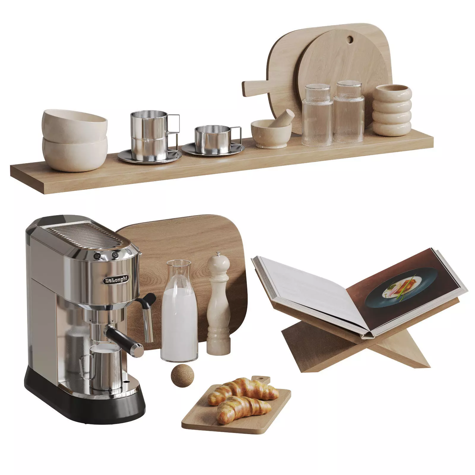 Kitchen Decor With Coffee Machine and Croissants 3D model_0