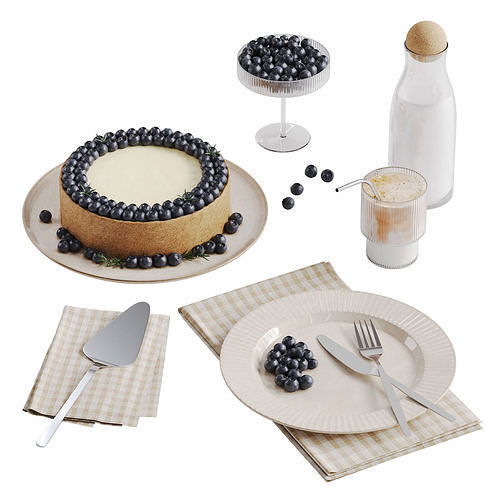 Cheesecake With Blueberries and Coffee Decor 3D model