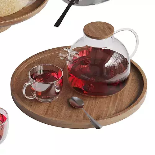 Tea Set With Cheesecake And Fruits 3D model 2