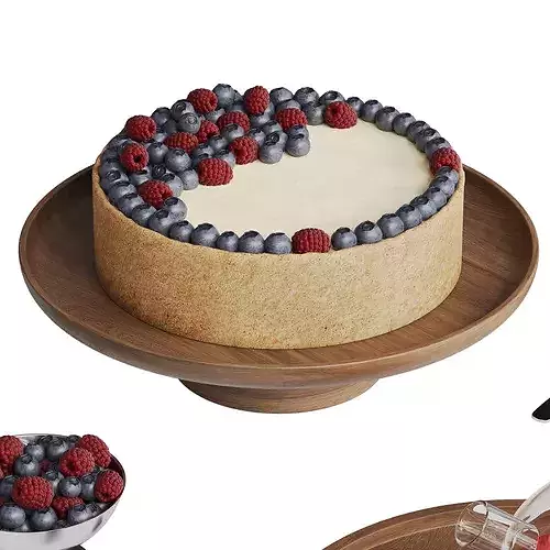 Tea Set With Cheesecake And Fruits 3D model 4