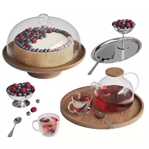 Tea Set With Cheesecake And Fruits