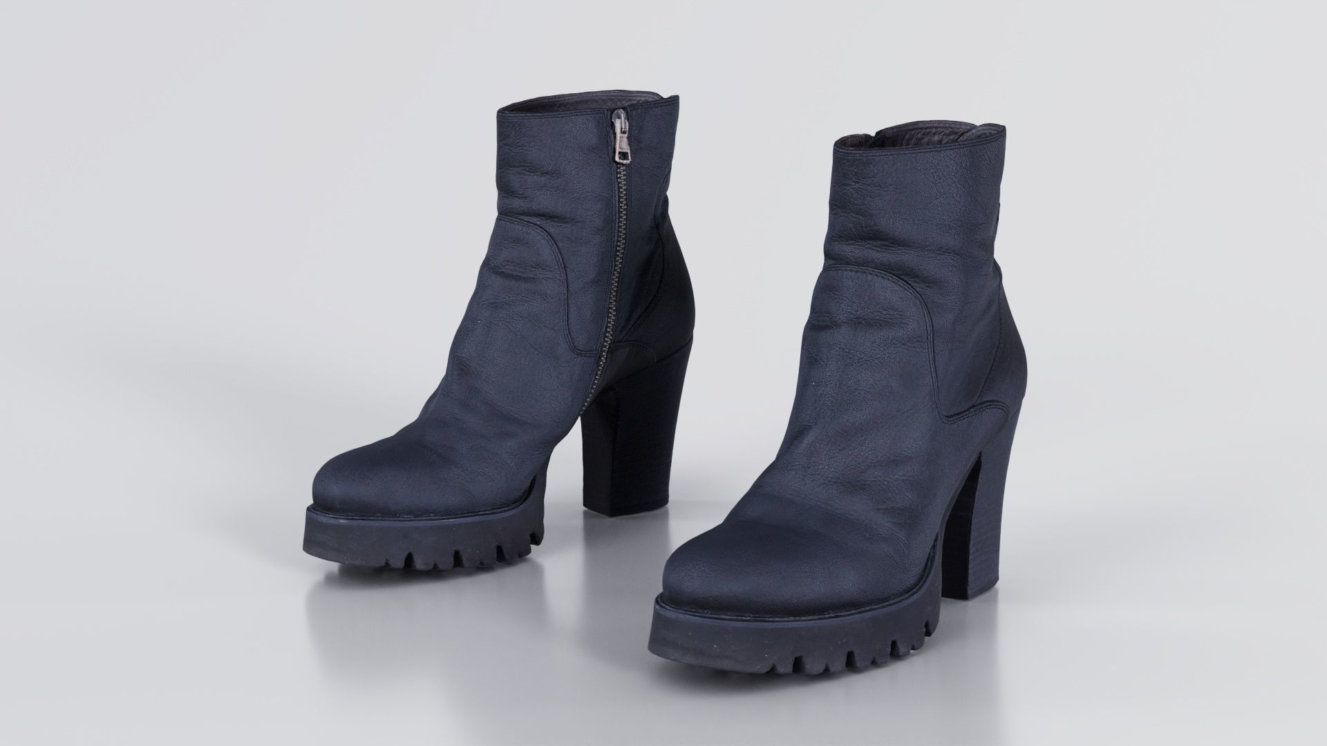 Black Leeather Zipper Boots Heels Low-poly 3D model_5