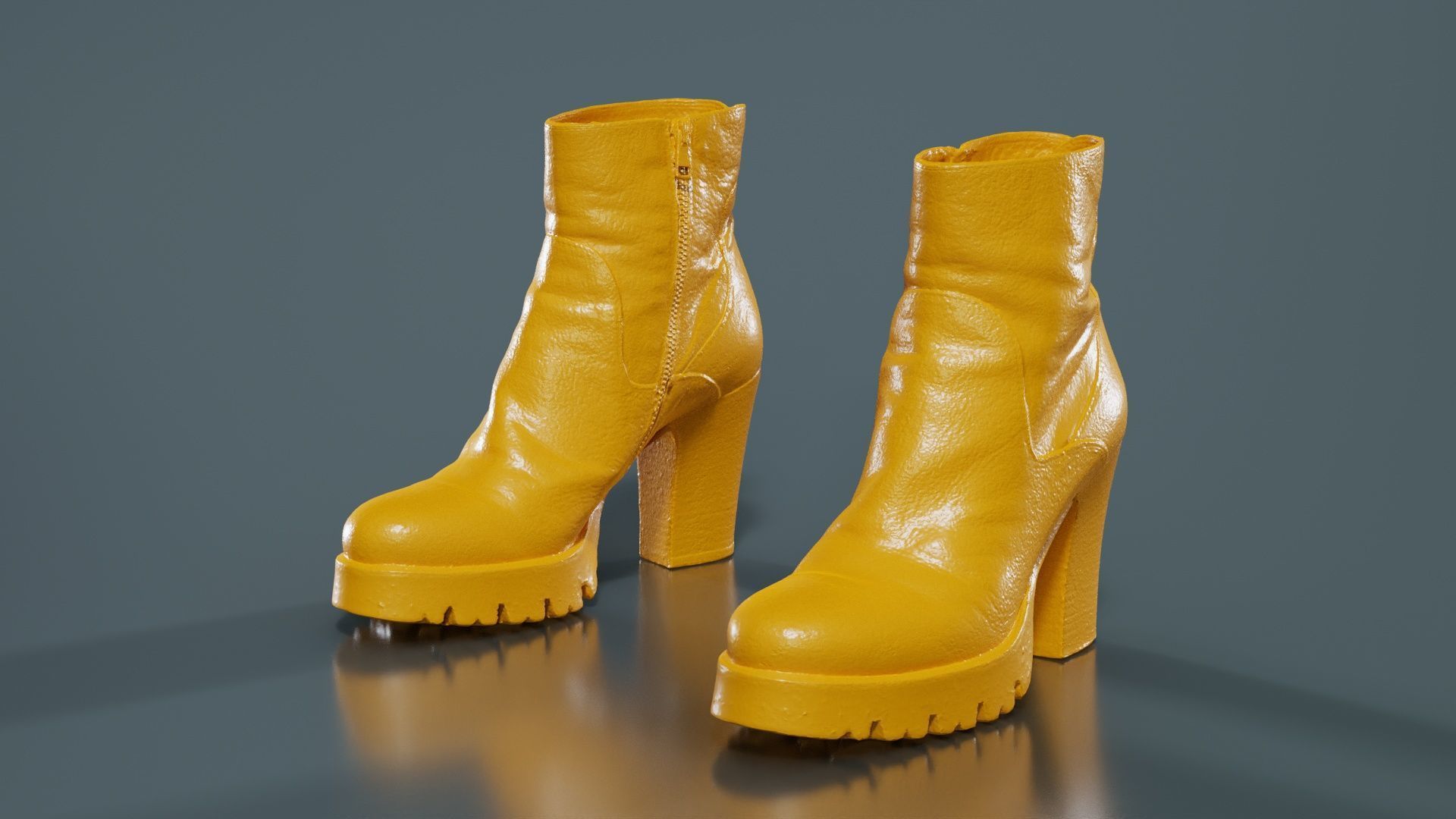 Black Leeather Zipper Boots Heels Low-poly 3D model_12