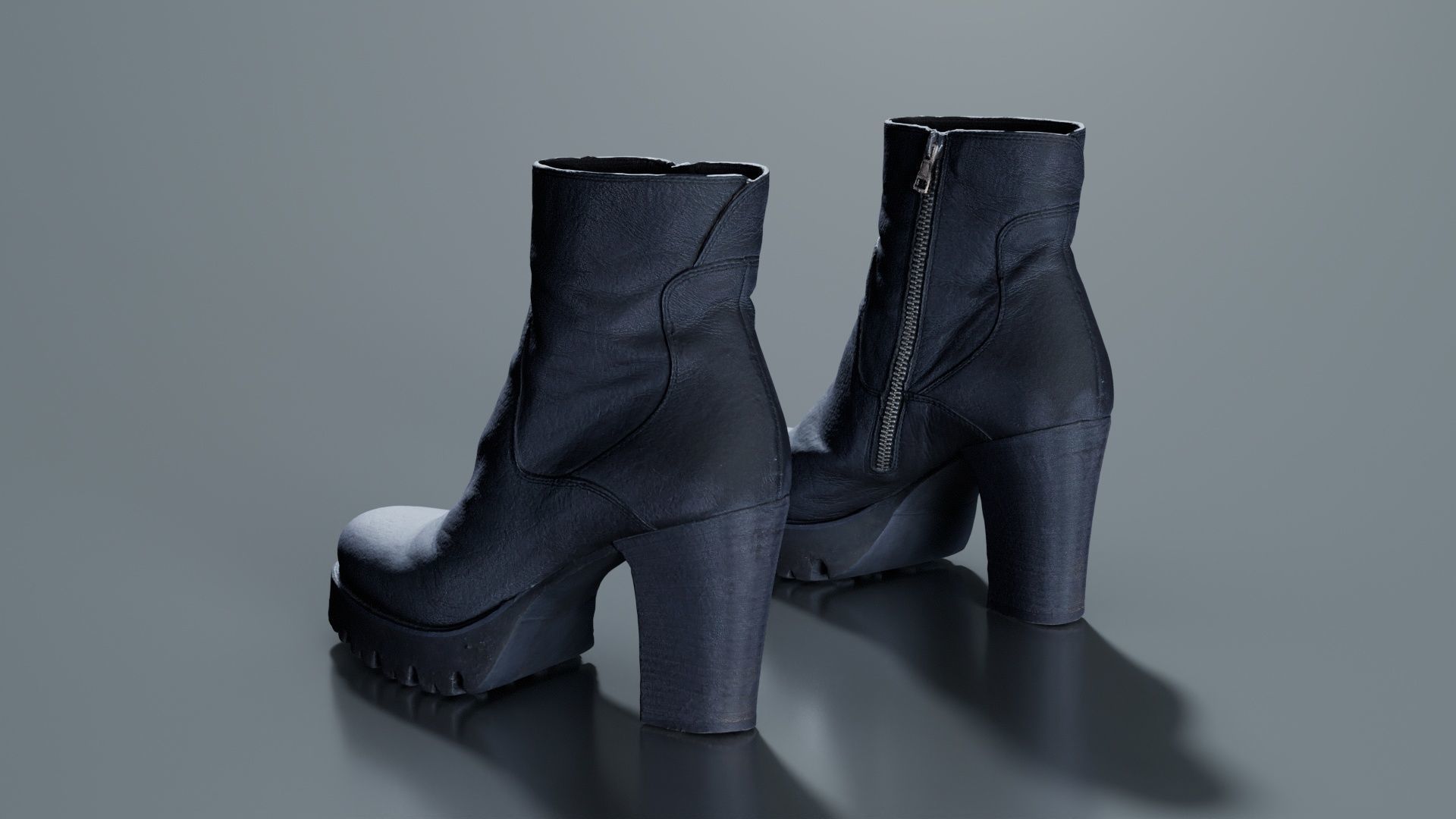 Black Leeather Zipper Boots Heels Low-poly 3D model_8