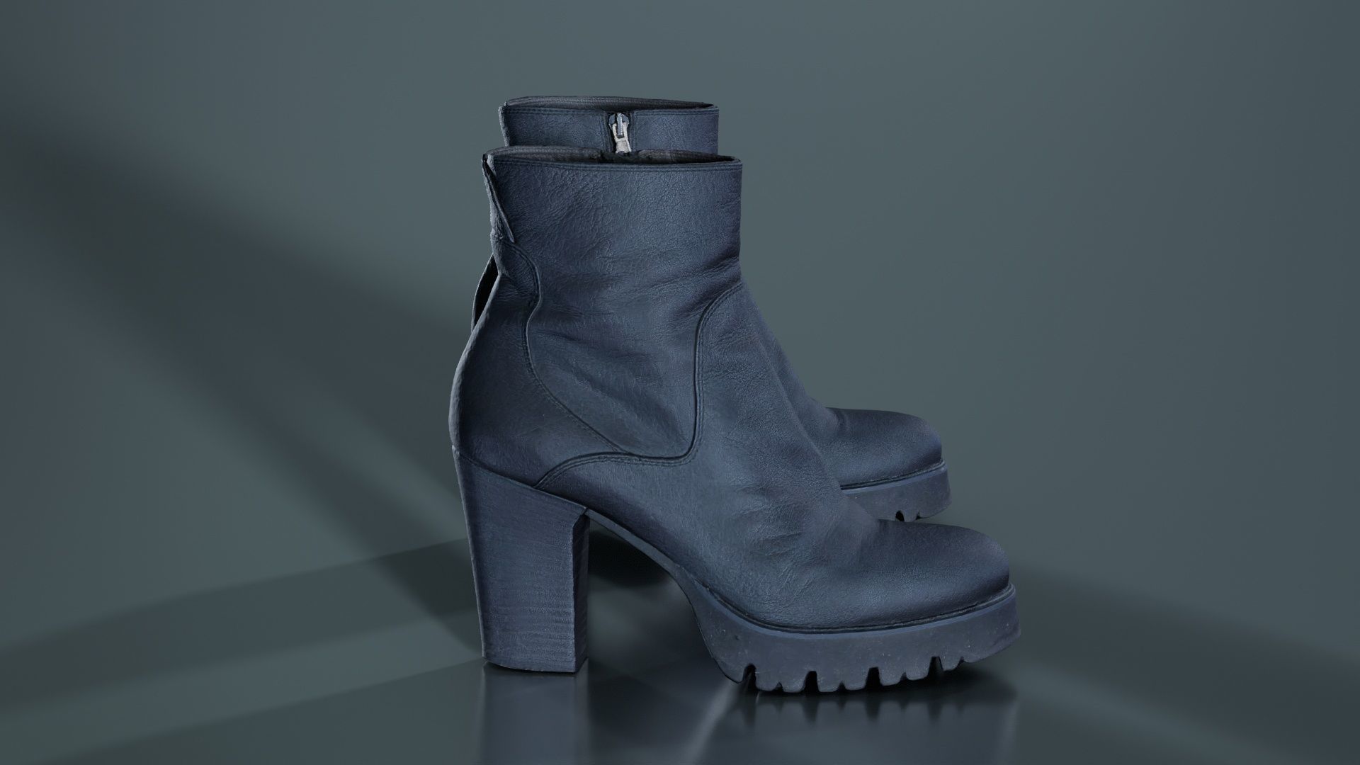 Black Leeather Zipper Boots Heels Low-poly 3D model_6