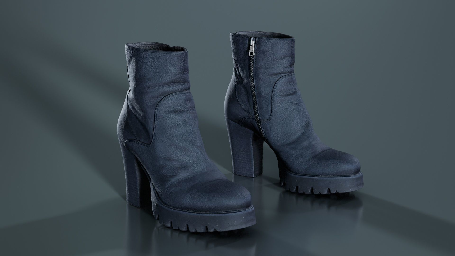 Black Leeather Zipper Boots Heels Low-poly 3D model_2