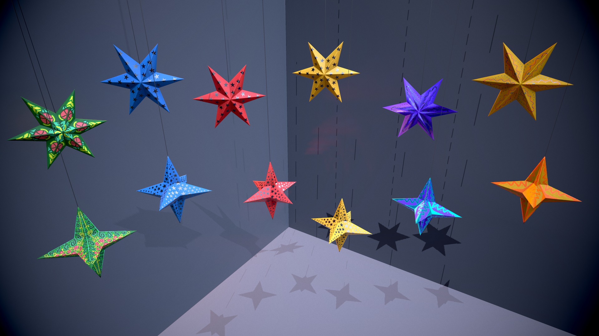 Paper Star Lanterns Low-poly 3D model_3