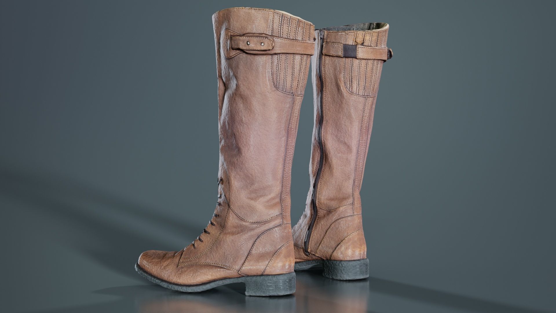Brown Laced Buckle Boots Low-poly 3D model_3