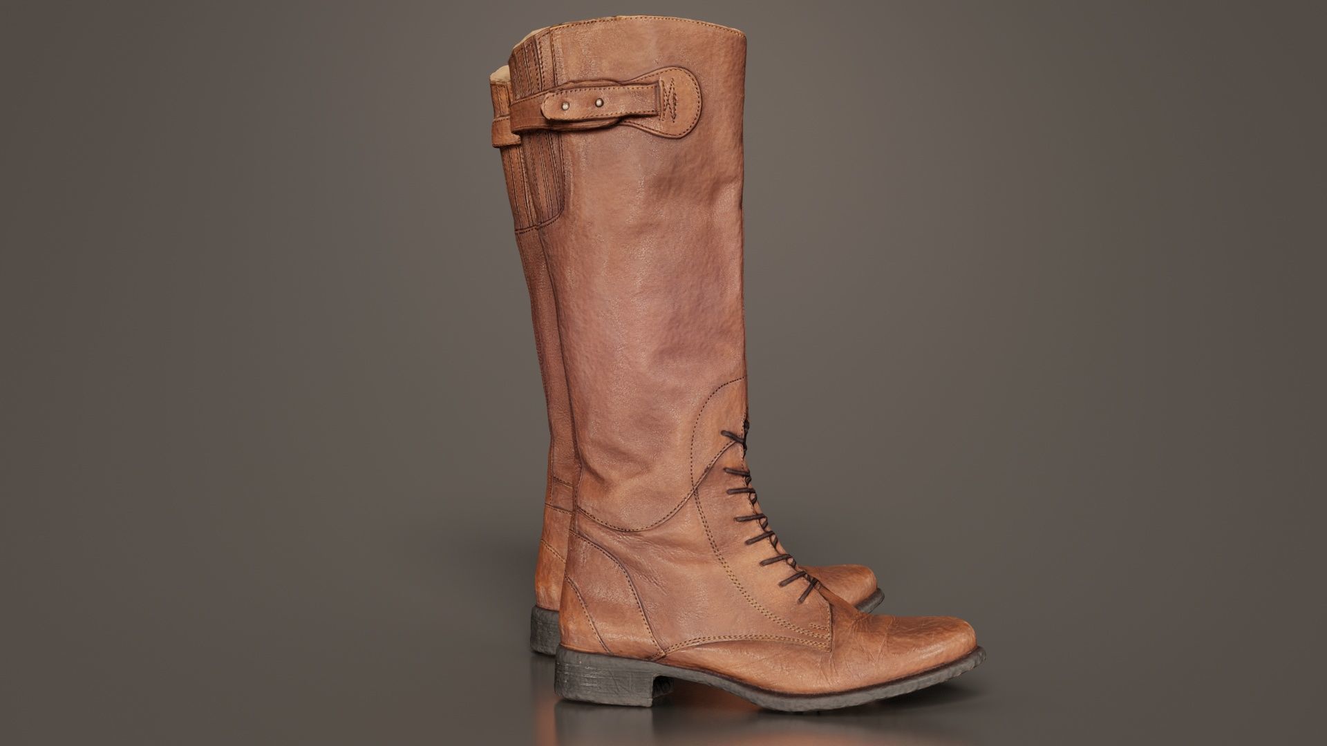 Brown Laced Buckle Boots Low-poly 3D model_1