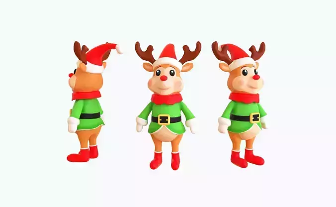 3D Cartoon Reindeer Christmas Character in Festive Attire