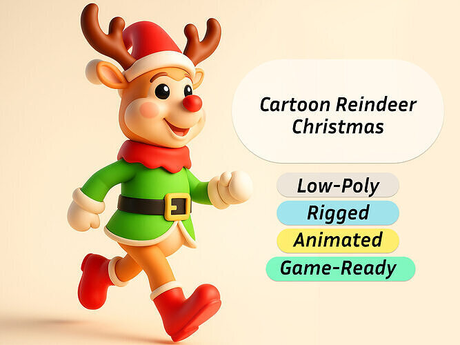3D Cartoon Reindeer Christmas Animated in Festive Attire  Low-poly 3D model