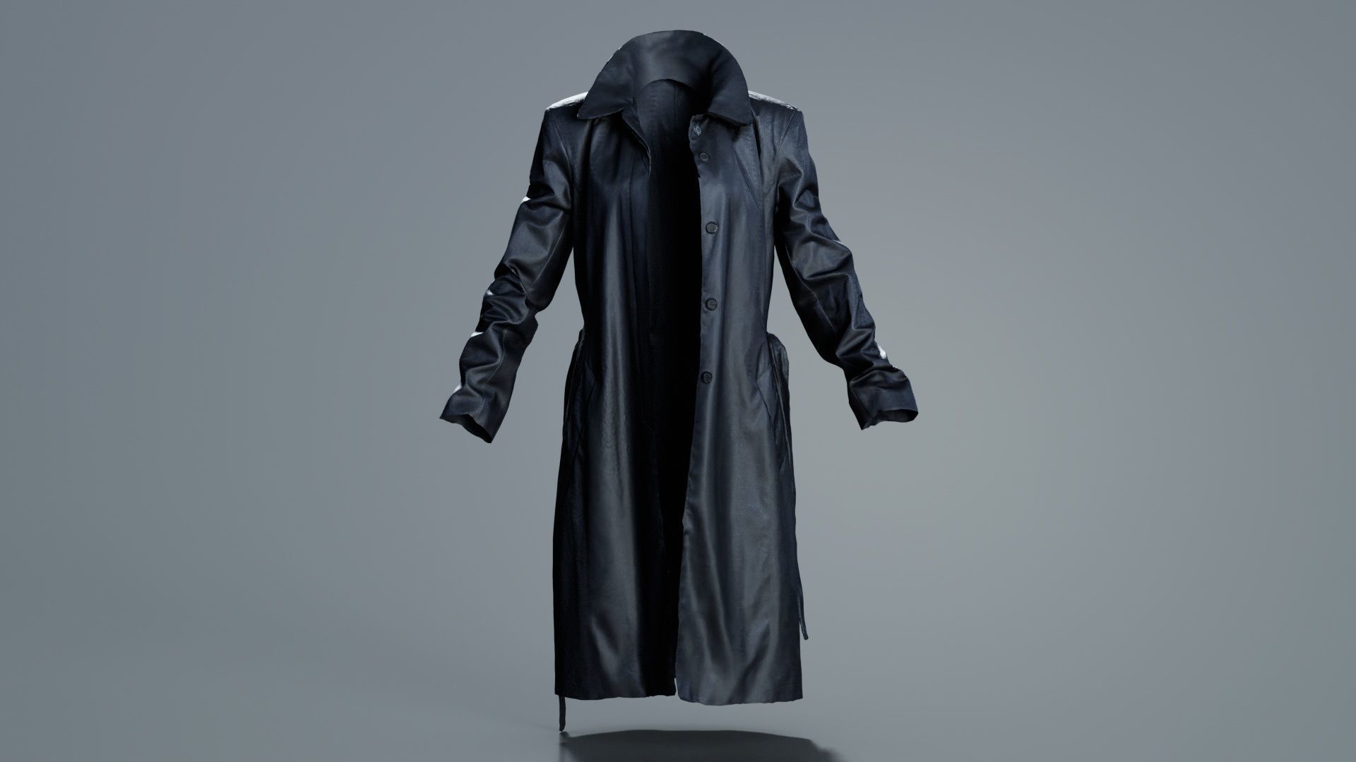 Long Black Leather Underworld Coat Open Low-poly 3D model_2