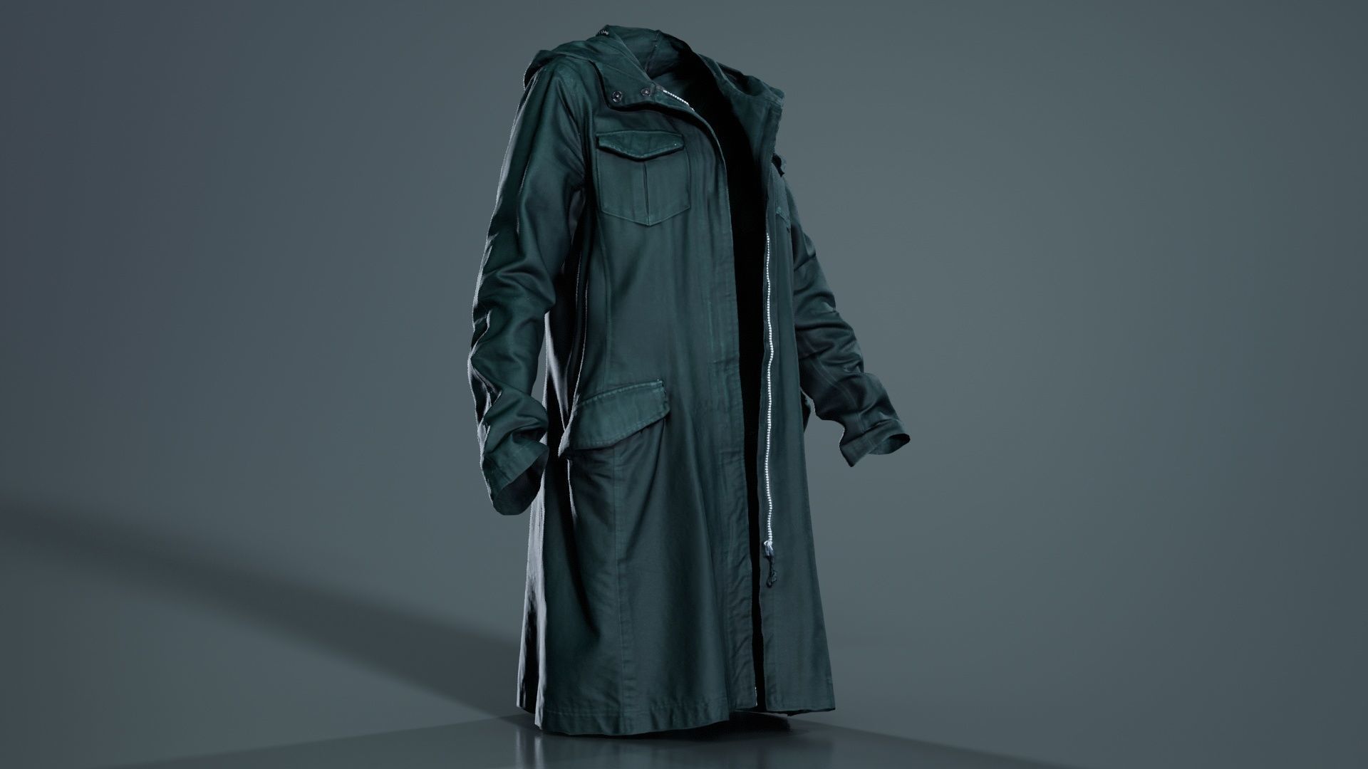 Long Green Coat Open Low-poly 3D model_4