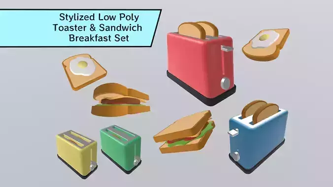 Stylized Low-Poly Toaster with Sandwich Breakfast Set