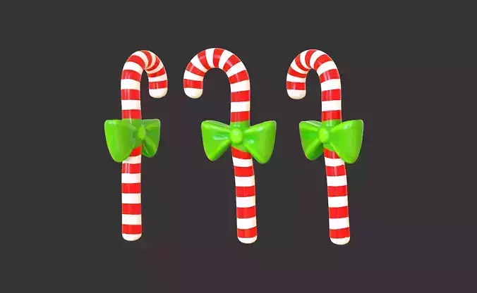 Candy Cane 01 with Bow 3D Model Christmas Decor Low Poly 