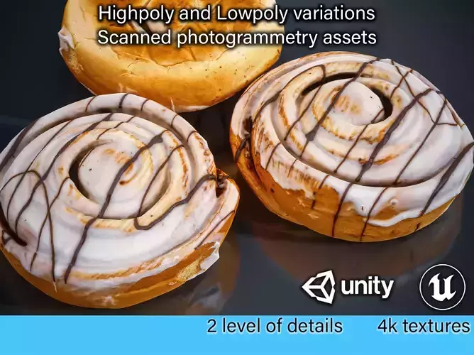 Cinnabon Bakery - cinnamon cake - highpoly and lowpoly