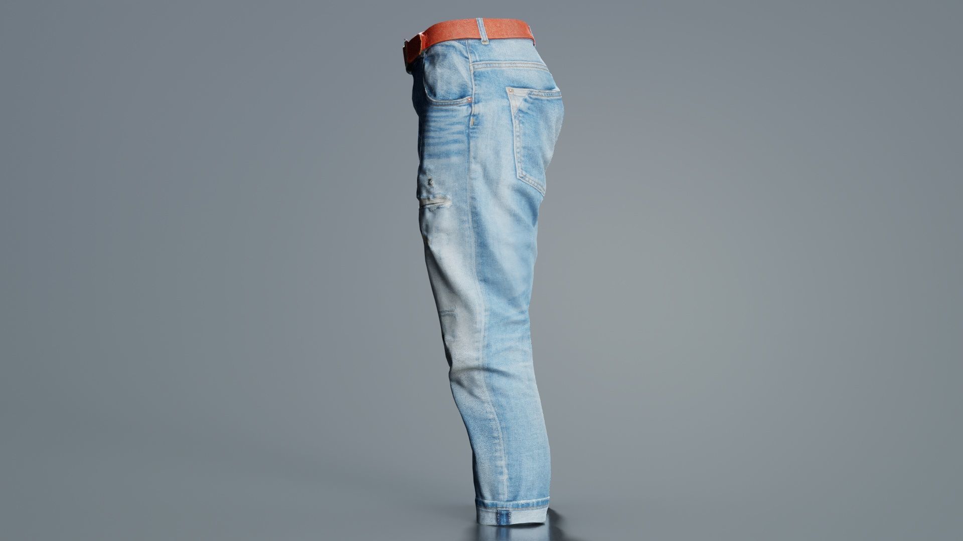 Belted Light Blue Jeans Pants Low-poly 3D model_1