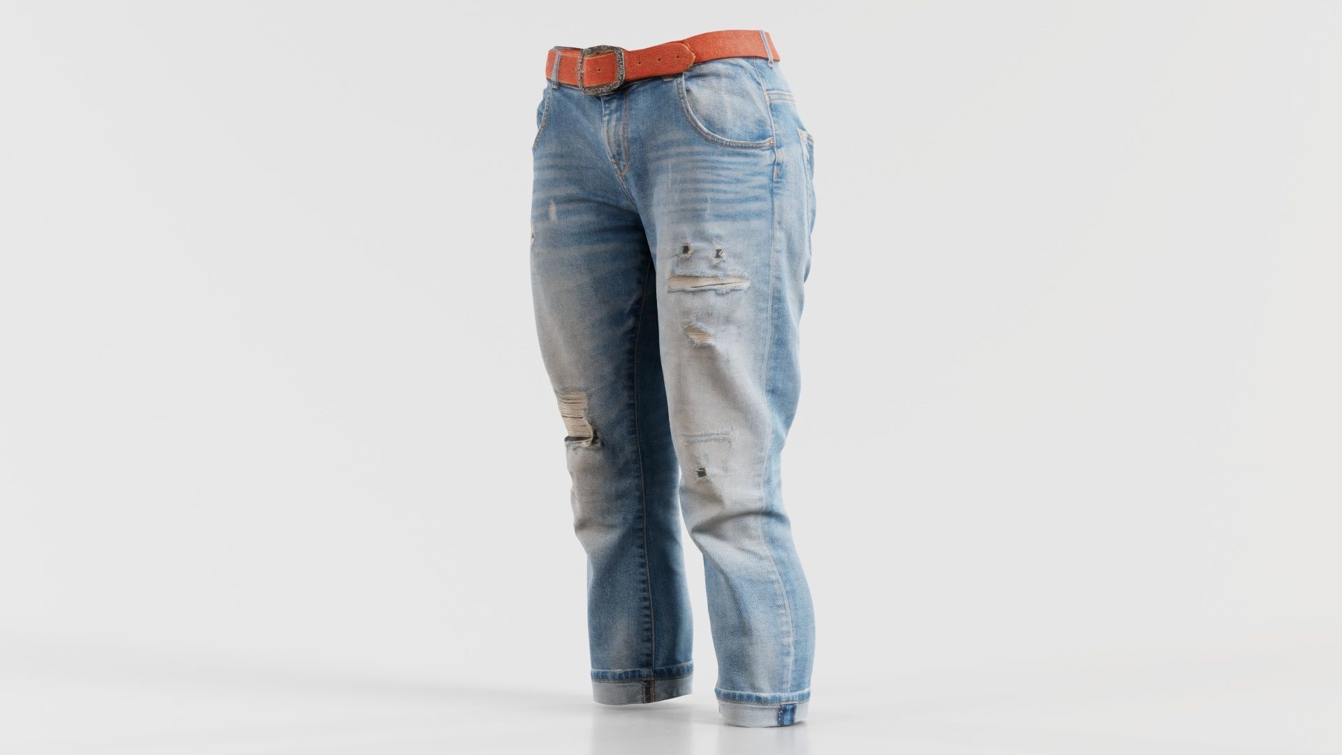 Belted Light Blue Jeans Pants Low-poly 3D model_7